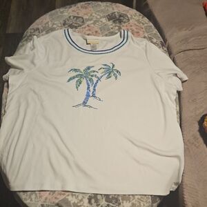 Alfred Dunner White T-Shirt with Palm Tree Embroidery